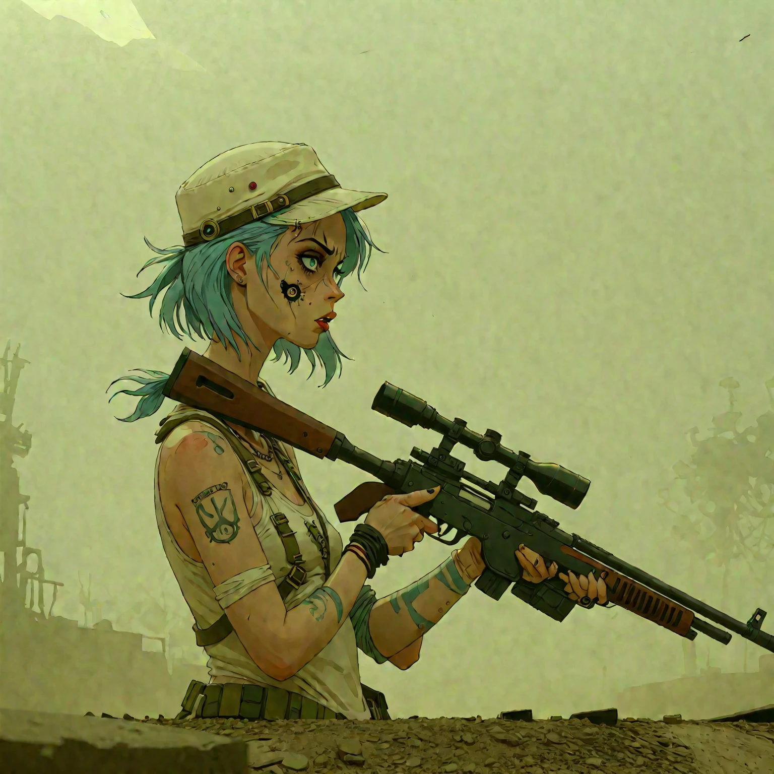 heat, haze, mirage, refraction, hallucination, apparition, unsettling, overwhelming, tank girl, film screengrab, minimal, serene, perfect, strange, candid, cinematic, tank girl with sniper rifle, realism, photographed, timeless, blank canvas, nuanced, clearly cartoon distinct tank girl style aesthetics,
