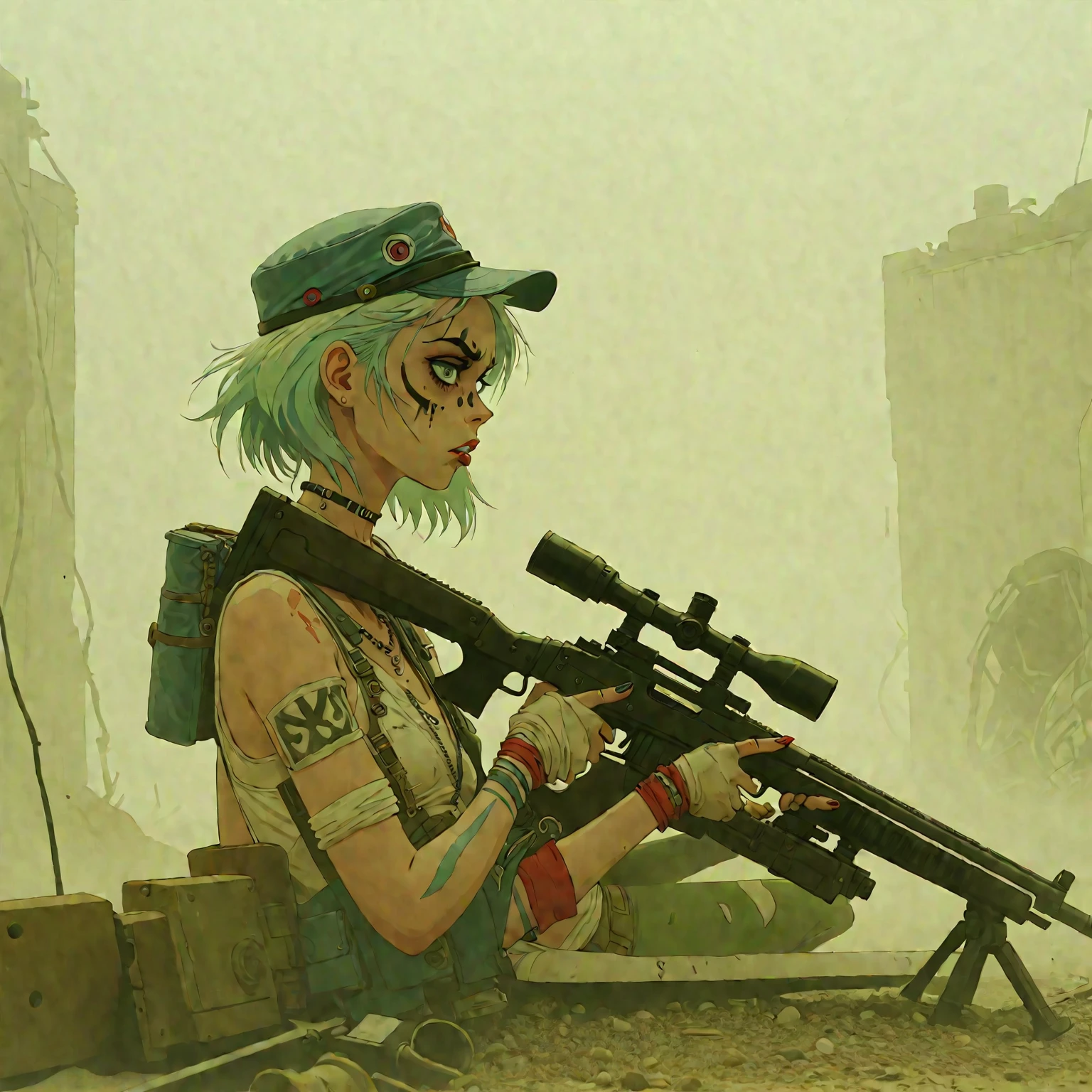 heat, haze, mirage, refraction, hallucination, apparition, unsettling, overwhelming, tank girl, film screengrab, minimal, serene, perfect, strange, candid, cinematic, tank girl with sniper rifle, realism, photographed, timeless, blank canvas, nuanced, clearly cartoon distinct tank girl style aesthetics,
