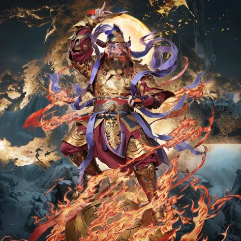 a fierce chinese warrior, holding a golden bamboo sword, fire, asura from chinese myth, maroon beard and hair, purple deity ribb...