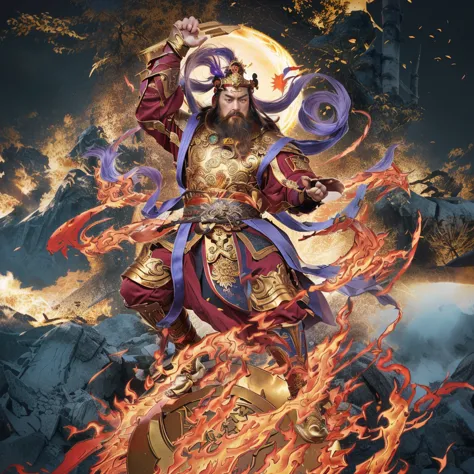 a fierce chinese warrior, holding a golden bamboo sword, fire, asura from chinese myth, maroon beard and hair, purple deity ribb...