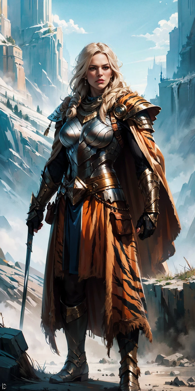 1 Girl (implying one person, likely female)
Full Body: Standing with perfect symmetry
Muscular Build: Strong and defined physique
Turned Arms: Muscular arms positioned behind her back
Theme:
Epic Fantasy: Set in a fantastical world
Asgard: Inspired by Norse mythology (can be subtle or more prominent)
Valkyrie/Lady Knight: Combining elements of a fierce warrior and noble protector
A motif incorporated into her armor, clothing, or environment (tiger stripes, or a tiger pelt cloak)
Visual Style:
Hyper Realistic: Incredibly lifelike detail
Masterpiece: Exceptional quality
8K Resolution: Sharp and high definition
Detailed Drawing: Intricate and richly textured
Superior Quality: The best possible rendering
Epic Composition: Dramatic and visually stunning