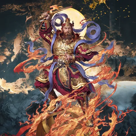 a fierce warrior, holding a golden bamboo sword, fire, asura from chinese myth, maroon beard and hair, purple deity ribbon, stan...