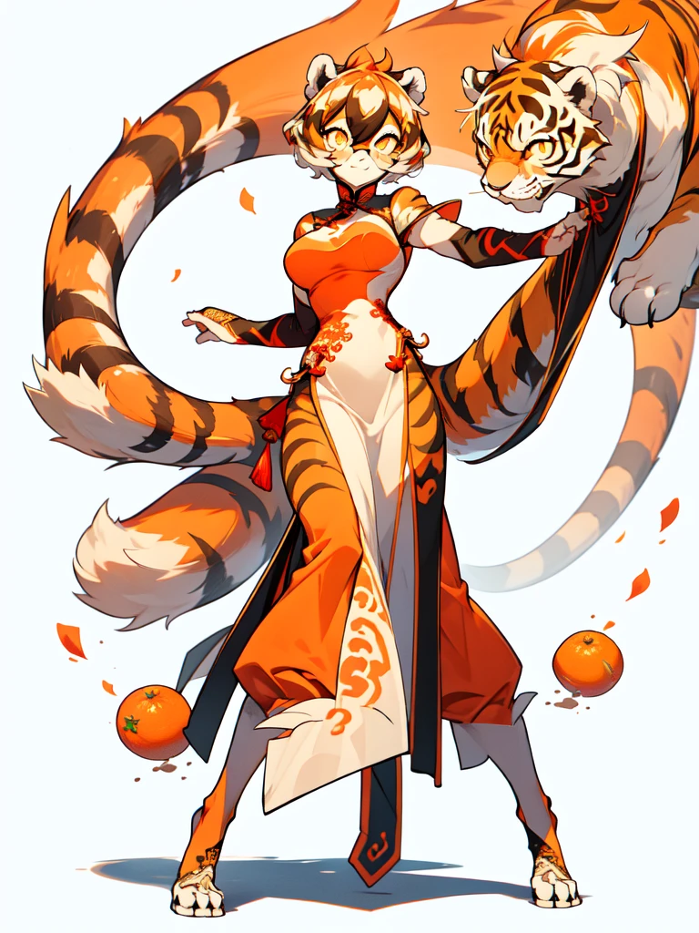 white background, full body,1girl，solo, Standing, animal ears, white hair, black hair, short hair, large breasts, Abdominal muscles,, tail, orange eyes, orange hair, multicolored hair, tiger girl, hair between eyes, tiger_ears, tiger_tail, orange-tinted_eyewear, tinted_eyewear, big breasts, evil smile, Shadows under feet,  (((Chinese wedding dress:1.2))),