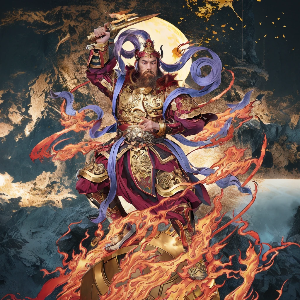 a fierce warrior, holding a golden bamboo sword, fire, asura from chinese myth, maroon beard and hair, purple deity ribbon, standing on huge golden wheel, 3 eyes, ancient chinese armour, taoist priest, taoist master, small crown, pointing middle finger, 