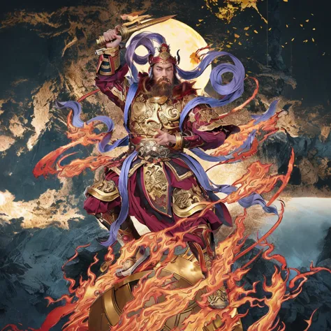 a fierce warrior, holding a golden bamboo sword, fire, asura from chinese myth, maroon beard and hair, purple deity ribbon, stan...