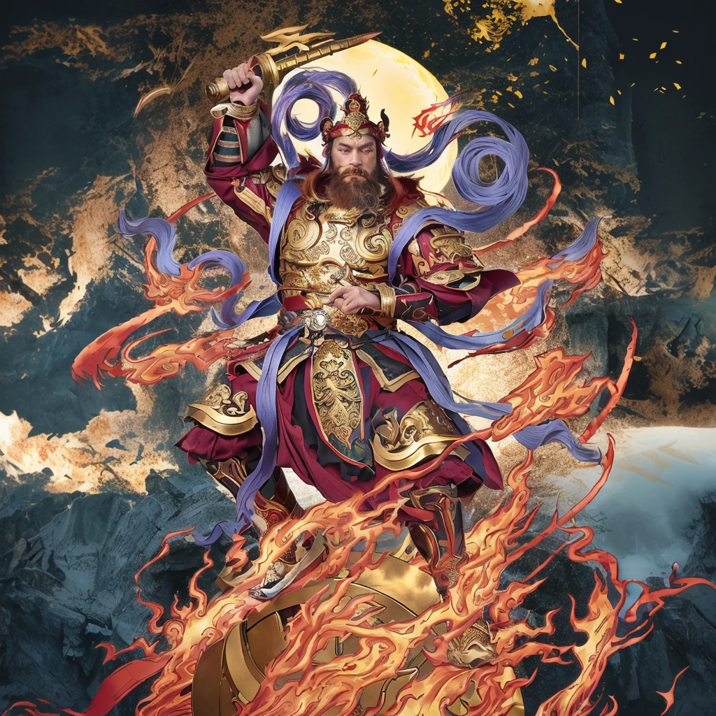 a fierce warrior, holding a golden bamboo sword, fire, asura from chinese myth, maroon beard and hair, purple deity ribbon, standing on huge golden wheel, 3 eyes, ancient chinese armour, taoist priest, taoist master, small crown, pointing middle finger, 