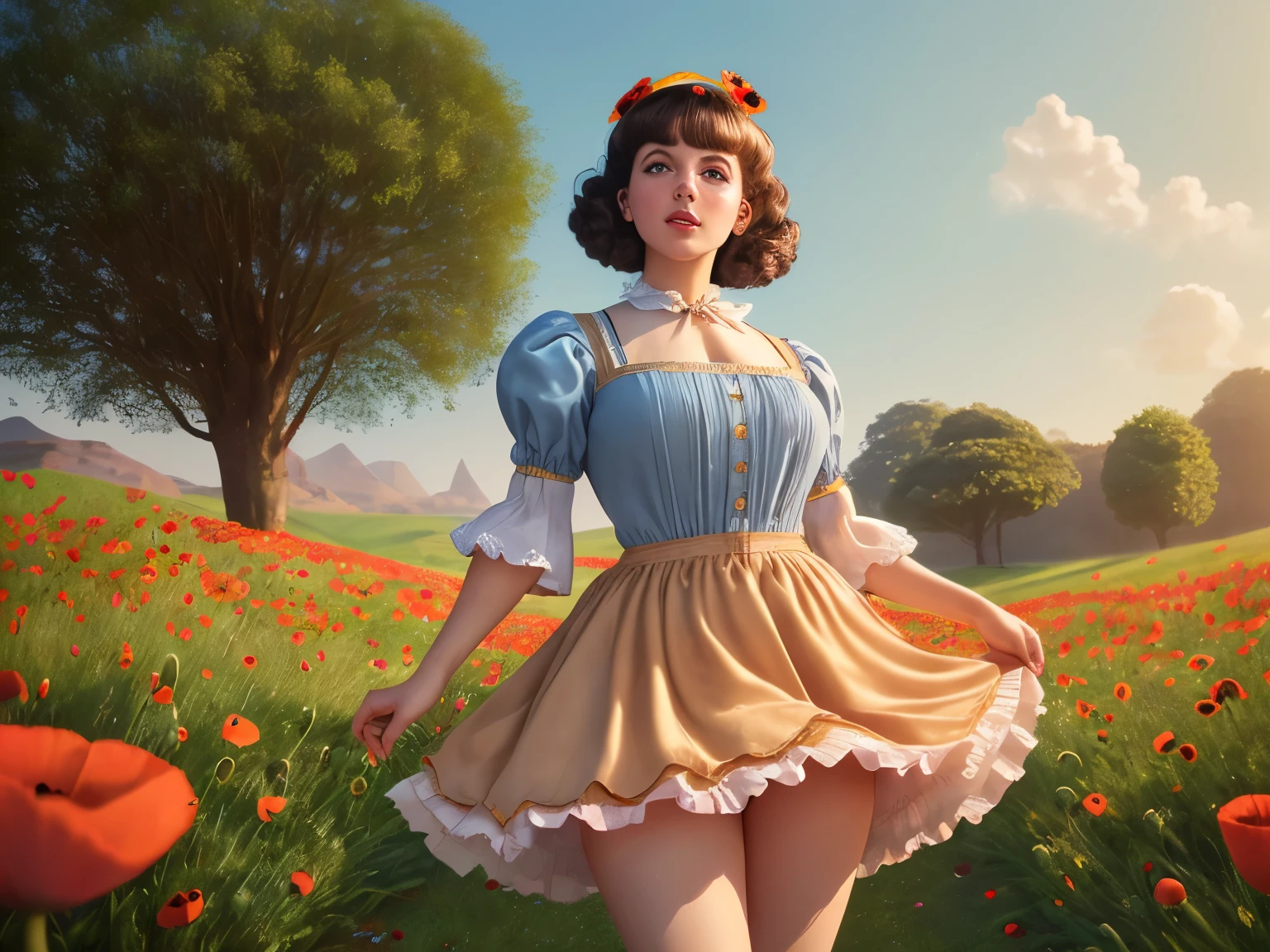 (melhor qualidade, 4K, 8K, Alta resolução, obra de arte:1.2), Ultra-detalhado, (realista, photorealista, photo-realista:1.37), ((Dorothy Gale)), Magro, 2, (cabelo curto rosa ondulado), estrada de tijolos amarelos sinuosa, vestido estilo anos 1950 justo ao corpo, azul claro, (Decote quadrado profundo), (peito amplo), mangas bufantes curtas, ombros reunidos, (corpete apertado), Botões pequenos, cintura apertada, torn (((ultracurto))) saia em camadas, (((Saia levantada))), (fundo em forma), quadris largos, meias brancas, sapatos vermelhos, (((foco nos quadris))), ((Papoulas vermelhas gigantes)), caules grossos de árvores, girassóis amarelos grandes, estrada de tijolos amarelos curva, (((Estilo cinematográfico vintage))), inspiração clássica do filme O Mágico de Oz, lindos olhos detalhados, lindos lábios detalhados, olhos e rosto extremamente detalhados, 1 garota, pose dinâmica, detalhes intrincados do vestido, textura de pele macia, cores vibrantes, atmosfera sonhadora, paisagem de fantasia, elementos surreais, iluminação volumétrica, profundidade de campo, composição cinematográfica, (((dedo do pé de camelo))), LowAngleView-3000