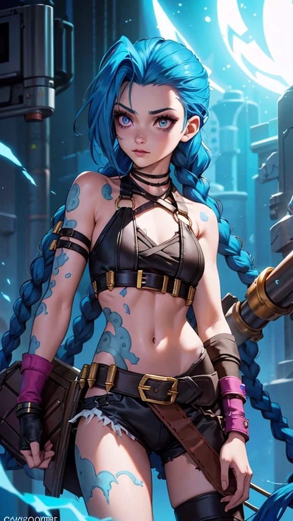 Height: Approximately 1,65 meters. complexion: thin and athletic. fur: pale, with some scars and marks. Hair: Short bright blue, with loose locks and braids. Eyes: light blue, often with a manic glow. outfit: Jinx usually wears worn and ragged clothing., with bright colors and chaotic patterns. He often carries weapons and explosives.