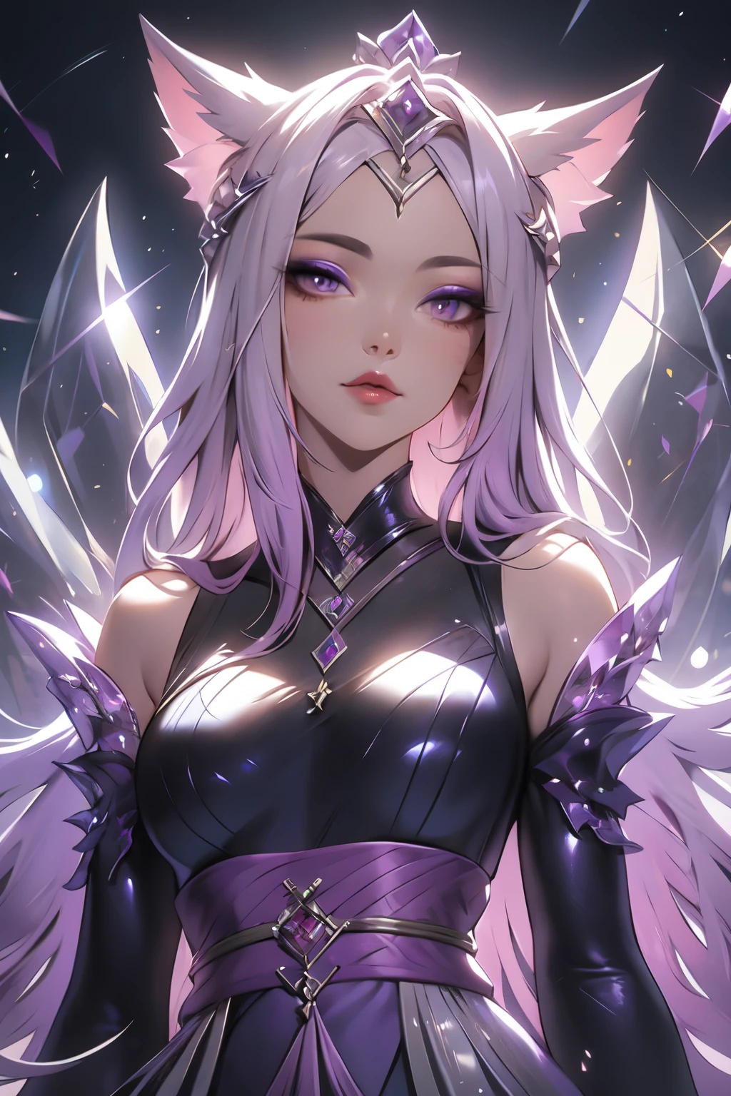 ((best quality)), ((masterpiece)), (detailed), detailed eyes, detailed hands, head to toe full-length body image, female humanoid kitsune, wearing a short kimono, crystal crown on top of her head, light purple hair, light purple fox ears, 2 purple crystal fox tails, 1 crystal eight-pointed star shape on forehead, delicate and beautiful detailing, beautiful face, well-proportioned detailed purple eyes, round detailed purple eyes and makeup, beautiful detailed and clear purple eyes, volume smooth and sharp, long flat bangs, fictional art, best photos, best quality, very beautiful and meticulous eight-pointed crystal star on forehead, delicate, mouth closed smile, not fully smiling, with a starry background