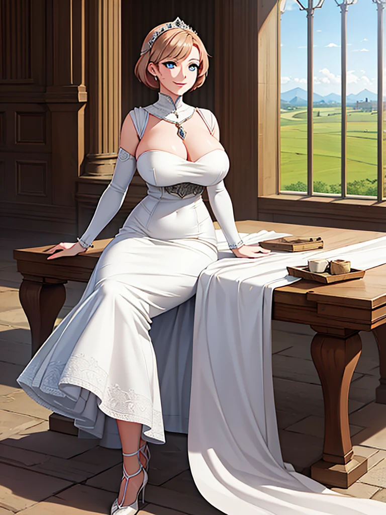 A woman wearing a white dress with silver details on the dress, short red hair, blue eyes, in a tower of a sophisticated medieval castle, open tower overlooking a large open field and a sea in the distance, smiling, big breasts,, HDR , ultra resolution, very detailed, masterpiece, HD 8K, (solo, just one girl)
