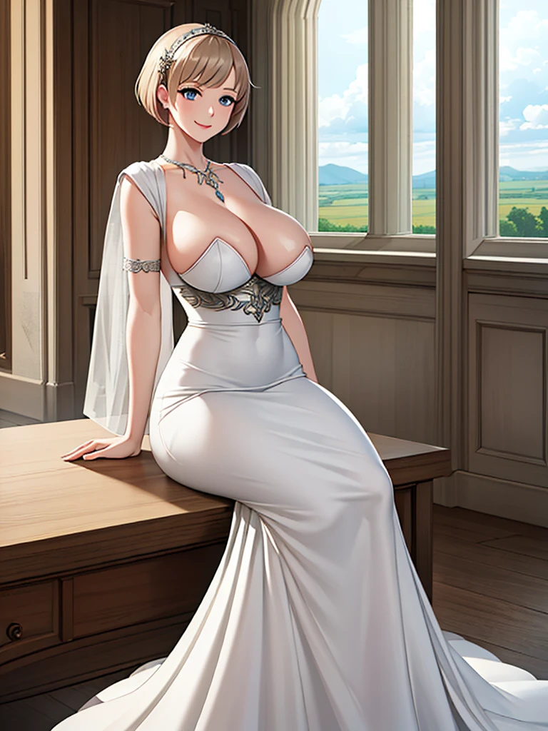 A woman wearing a white dress with silver details on the dress, short red hair, blue eyes, in a tower of a sophisticated medieval castle, open tower overlooking a large open field and a sea in the distance, smiling, big breasts,, HDR , ultra resolution, very detailed, masterpiece, HD 8K, (solo, just one girl)
