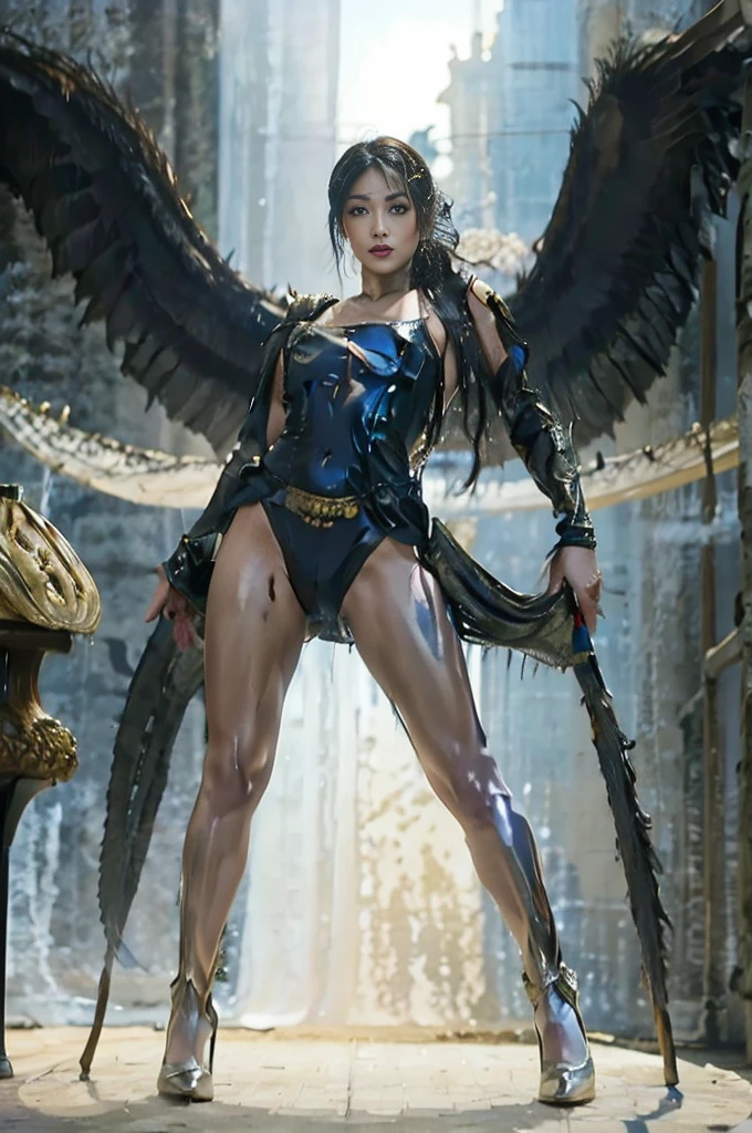 A 30-year-old Asian female gladiator poses for a photo，Tall and sexy，Mature and charming，Lewd exposure ，Sweaty and sweaty，Shiny muscle lines，Large Breasts，Big Ass，Camel toe，Nipple protrusion，Having sparse body hair，NSFW，Release liquid，Wear sexy super high heel boots，The charming and seductive queen holding a big sword