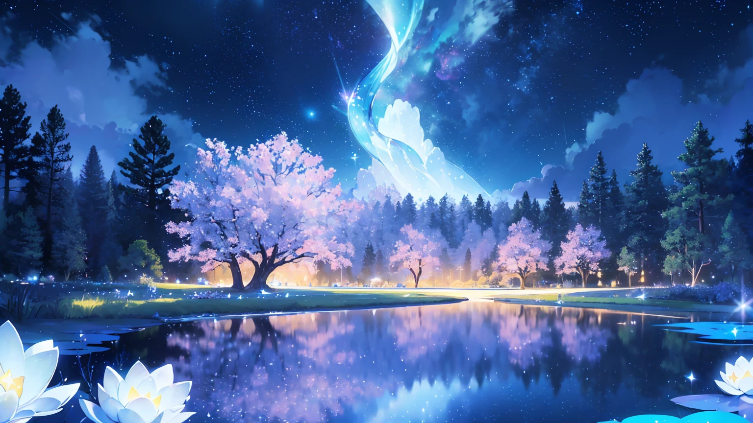 Mystical landscape with ((luminous starry blue and white flowers emitting light particles surrounding pond)),softly glowing butterflies, (one beautiful vivid purple sakura tree), (((unique view with extremely vivid multicolors without any people))), {extremely detailed 16k CG unity wallpaper}, expansive natural landscape photography, (wide open field view), (low angle shot),complex details, (iridescent colors: 1.6), (dark night lighting), (atmospheric lighting), Dreamy, unique, no people, reflections perfect,(no humans),landscape only, pixiv_fantasia,((starry glittering pond,water filled with shimmering stardust)),dark night