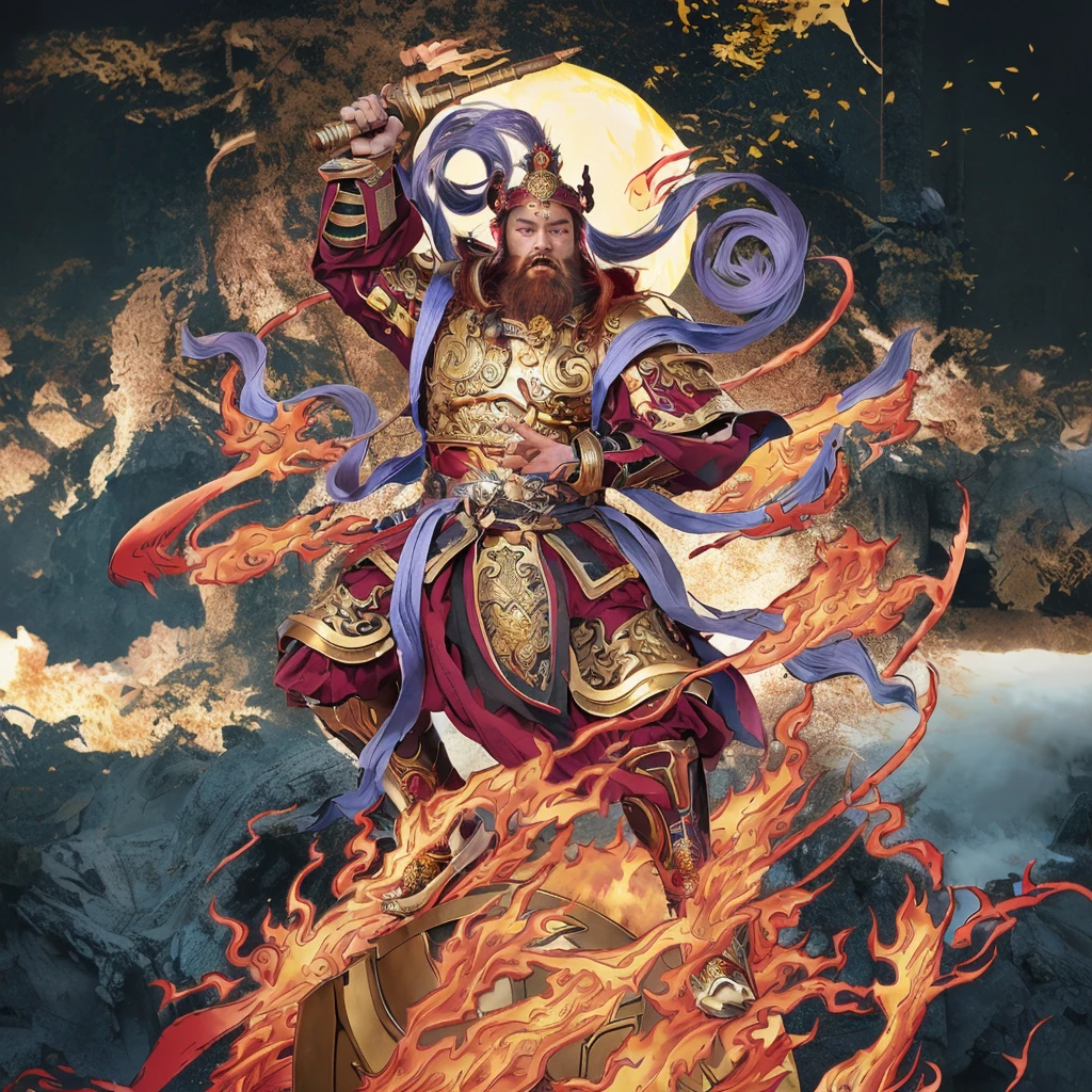 a fierce warrior, holding a golden bamboo sword, fire, asura from chinese myth, maroon beard and hair, purple deity ribbon, standing on huge golden iron wheel, 3 eyes, ancient chinese armour, taoist priest, taoist master, small crown, pointing middle finger up, open mouth,  