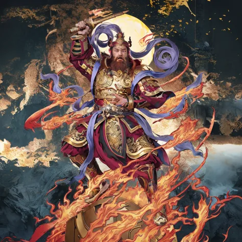 a fierce warrior, holding a golden bamboo sword, fire, asura from chinese myth, maroon beard and hair, purple deity ribbon, stan...