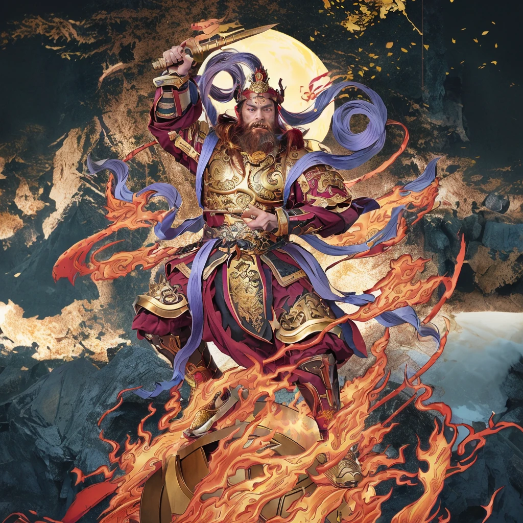 a fierce warrior, holding a golden bamboo sword, fire, asura from chinese myth, maroon beard and hair, purple deity ribbon, standing on huge golden iron wheel, 3 eyes, ancient chinese armour, taoist priest, taoist master, small crown, pointing middle finger up, open mouth,  