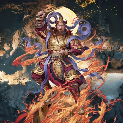 a fierce warrior, holding a golden bamboo sword, fire, asura from chinese myth, maroon beard and hair, purple deity ribbon, stan...