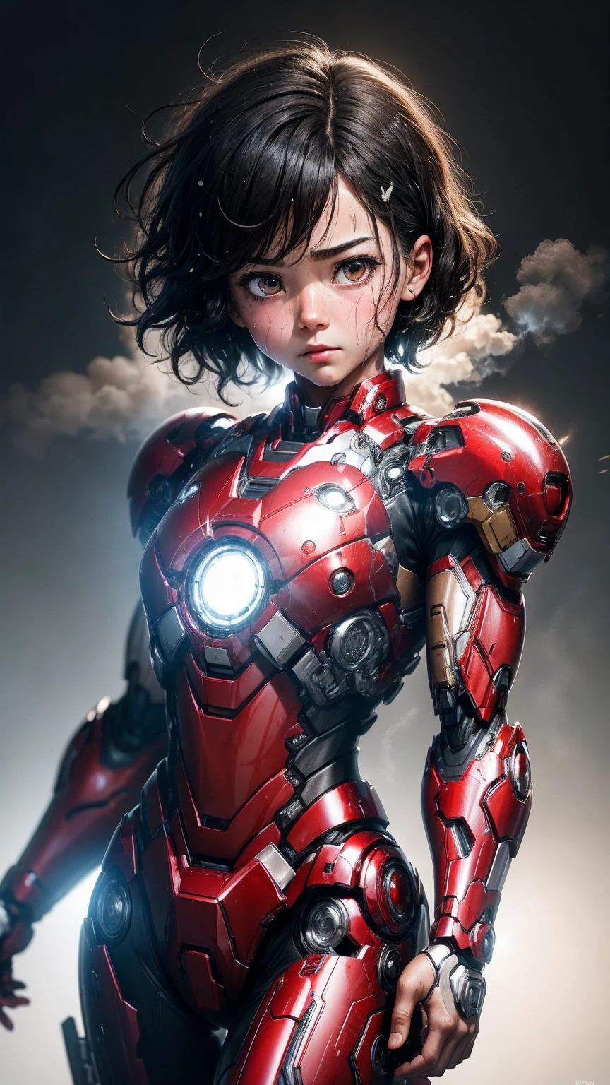 Highest quality　8k Iron Man Suit Girl　Elementary school girl　Sweaty face　cute　short hair　boyish　Steam coming out of the head　My hair is wet with sweat　Black Hair