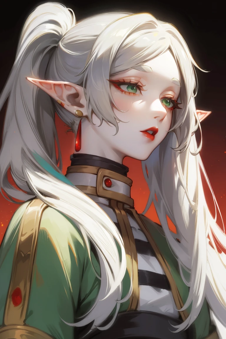 Standing with upper body, Honey, solitary, White skin, Long gray hair, Double ponytail hairstyle, (Elf ears), Green Eyes, Like a gem, earrings, Red Eyeshadow, Red lips, Black Magic Dress, careful, Fake laugh, masterpiece, high quality
