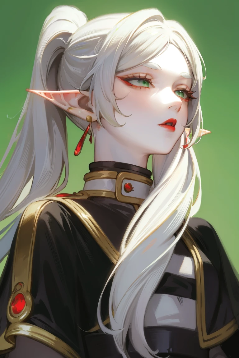 Standing with upper body, Honey, solitary, White skin, Long gray hair, Double ponytail hairstyle, (Elf ears), Green Eyes, Like a gem, earrings, Red Eyeshadow, Red lips, Black Magic Dress, careful, Fake laugh, masterpiece, high quality
