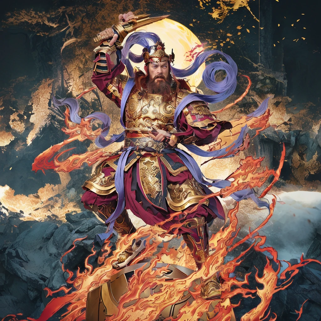 a fierce warrior, holding a golden bamboo sword, fire, asura from chinese myth, maroon beard and hair, purple deity ribbon, standing on huge golden iron wheel, 3 eyes, ancient chinese armour, taoist priest, taoist master, small crown, pointing middle finger up, open mouth,  