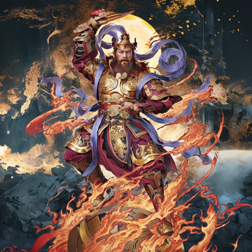 a fierce warrior, holding a golden bamboo sword, fire, asura from chinese myth, maroon beard and hair, purple deity ribbon, standing on huge golden iron wheel, 3 eyes, ancient chinese armour, taoist priest, taoist master, small crown, pointing middle finger up, open mouth,  