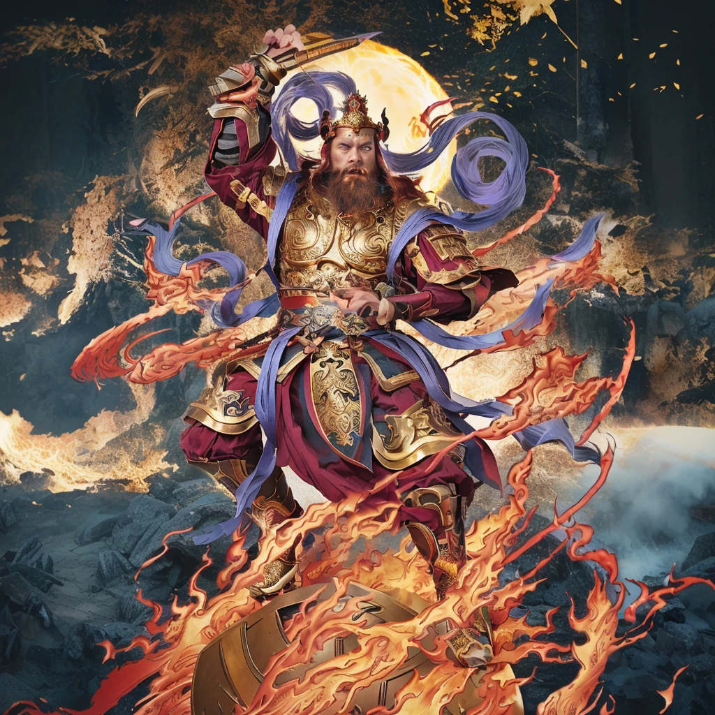 a fierce warrior, holding a golden bamboo sword, fire, asura from chinese myth, maroon beard and hair, purple deity ribbon, standing on huge golden iron wheel, 3 eyes, ancient chinese armour, taoist priest, taoist master, small crown, pointing middle finger up, open mouth,  realistic fire