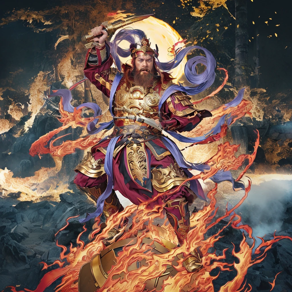 a fierce warrior, holding a golden bamboo sword, fire, asura from chinese myth, maroon beard and hair, purple deity ribbon, standing on huge golden iron wheel, 3 eyes, ancient chinese armour, taoist priest, taoist master, small crown, pointing middle finger up, open mouth,  realistic fire