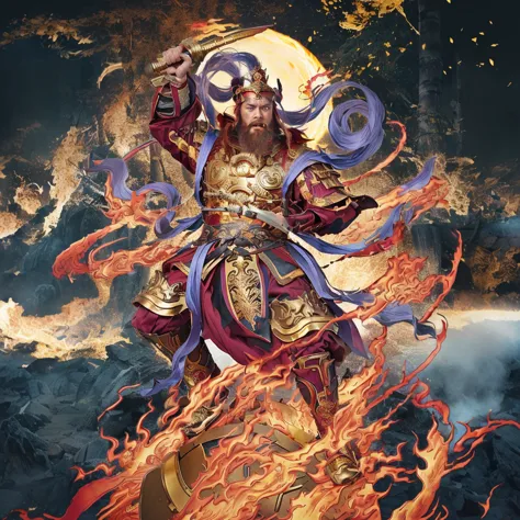 a fierce warrior, holding a golden bamboo sword, fire, asura from chinese myth, maroon beard and hair, purple deity ribbon, stan...