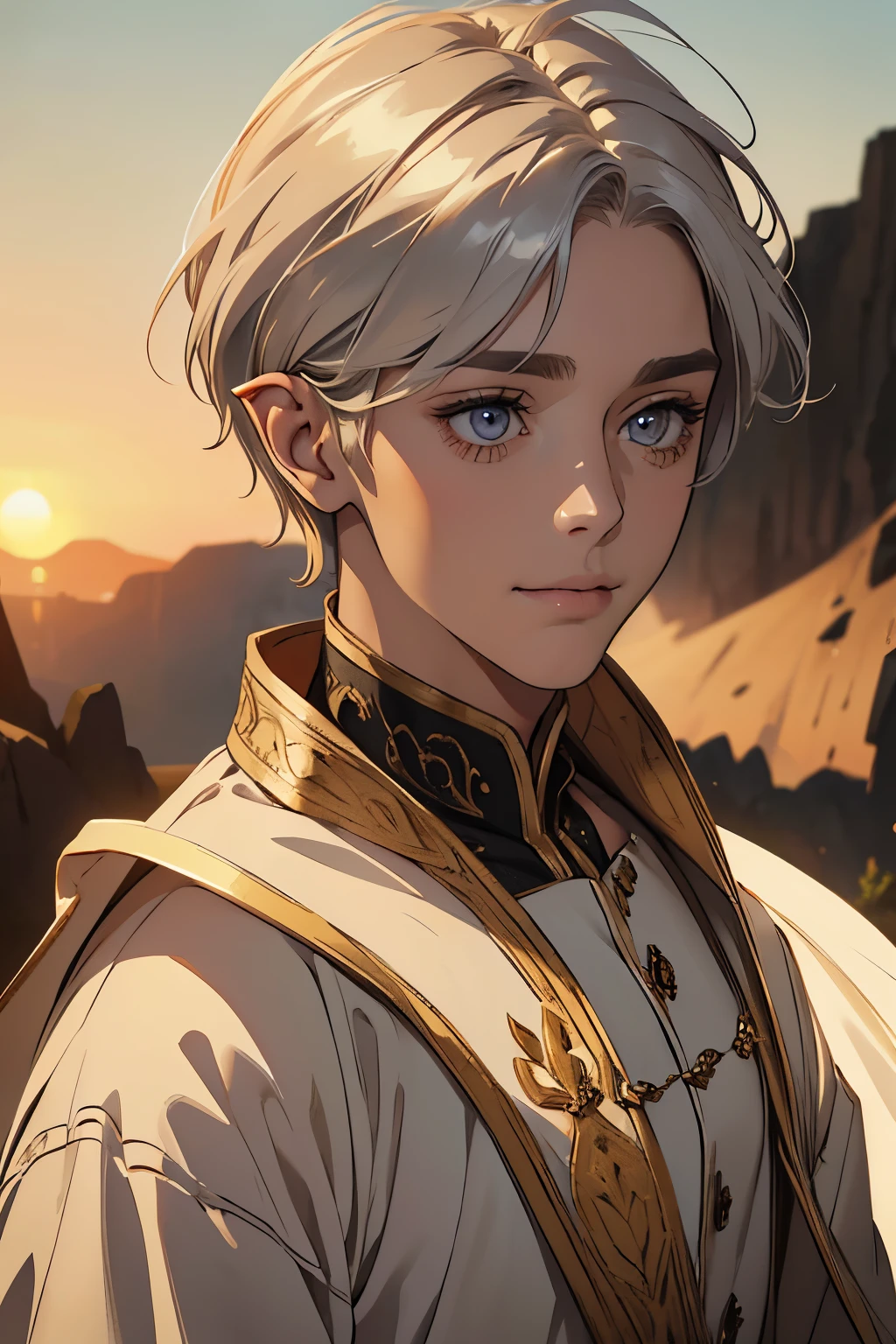 a 10 year old boy, short blonde hair, silver eyes, half elf, half elf ears, innocent smile, white tunic with golden details, sunrise background, detailed face, extremely detailed eyes and face, expressive portrait, realistic, detailed clothing, natural lighting, intricate details, vibrant colors, cinematic composition, masterpiece, high quality, 8k, photorealistic 