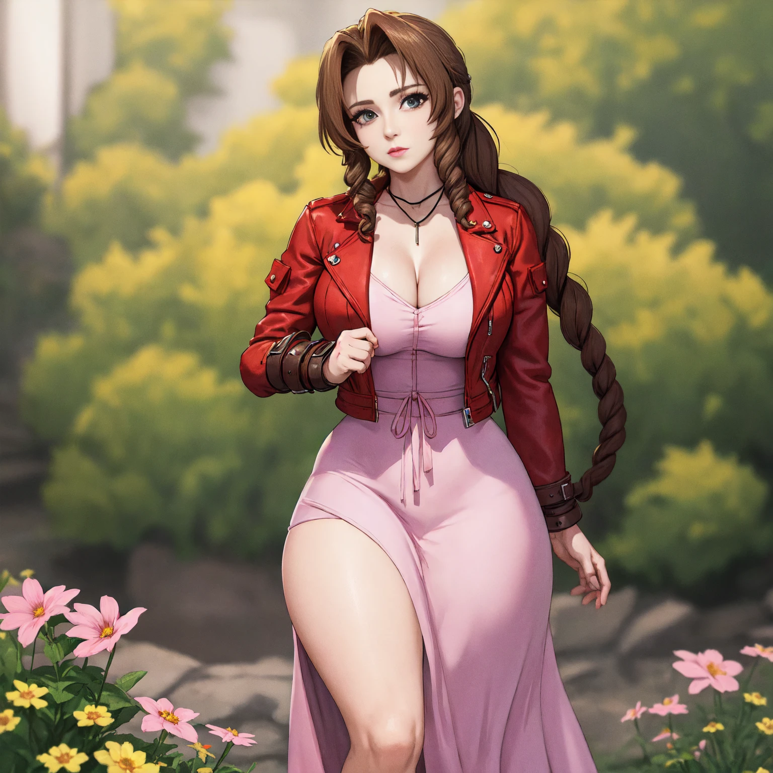 aaa video game, ray tracing, (8k graphics), (best quality), solo, (anime eyes:0.9), flower girl, braided brown hair with bangs, face : ((aerith gainsborough), looking at viewer), figure : (chubby, soft, big breasts, pokies, thick thighs, wide hips), clothes: (cropped red jacket, (flowing pale pink maxi dress)), setting : field full of wildflowers, pose : (hands behind back)