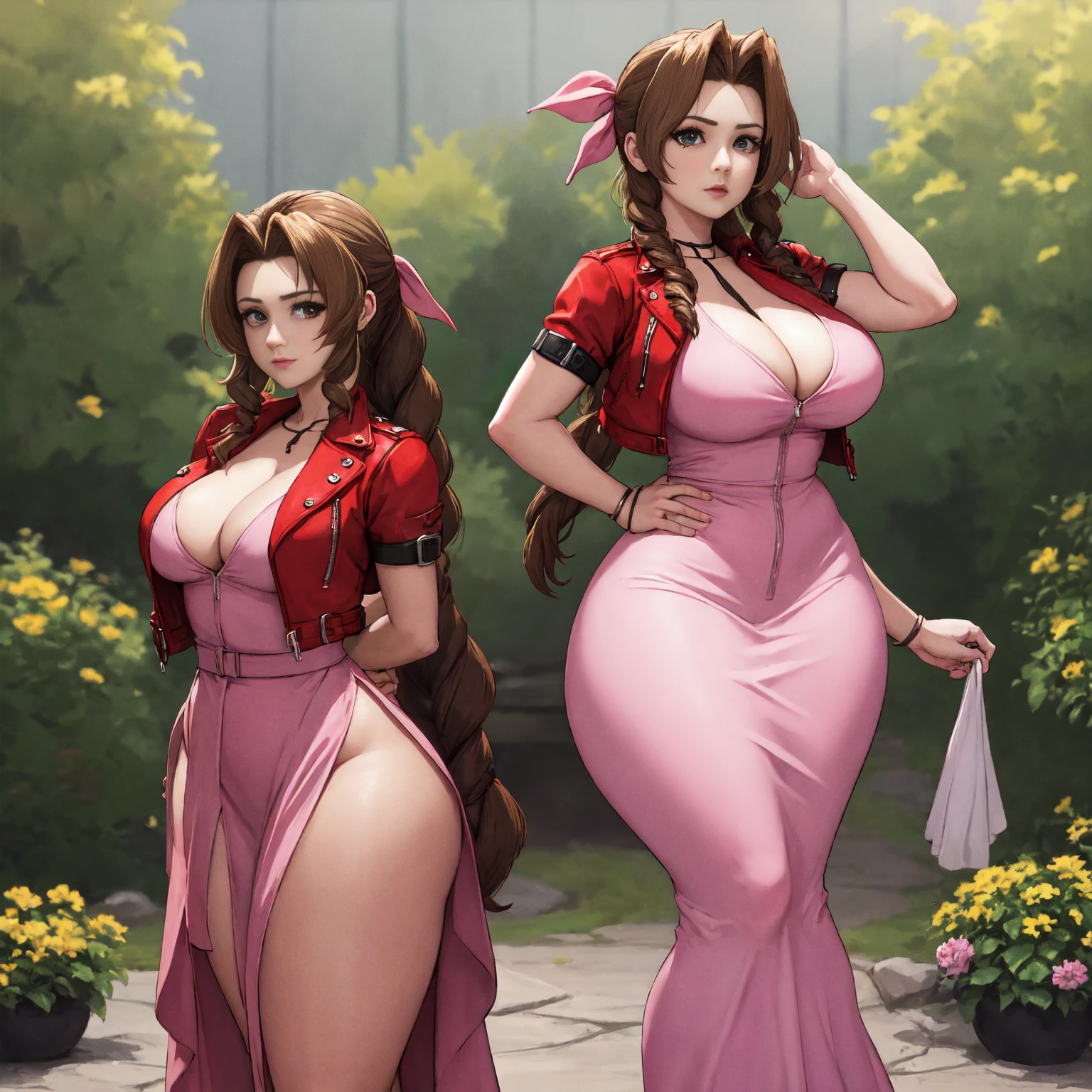 aaa video game, ray tracing, (8k graphics), (best quality), solo, (anime eyes:0.9), flower girl, braided brown hair with bangs, face : ((aerith gainsborough), looking at viewer), figure : (chubby, soft, big breasts, pokies, thick thighs, wide hips), clothes: (cropped red jacket, (flowing pale pink maxi dress)), setting : field full of wildflowers, pose : (hands behind back)