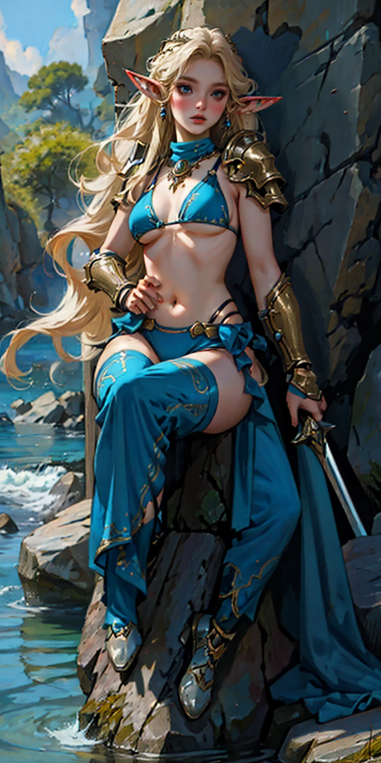 woman in a blue bikini sits on a rock next to a body of water, ornate bikini armor, goddess of the sea, portrait of female black elf warrior, detailed fantasy art, Extremely detailed Artgerm, realistic Alexis Texas blonde long messy hair, long elf ears