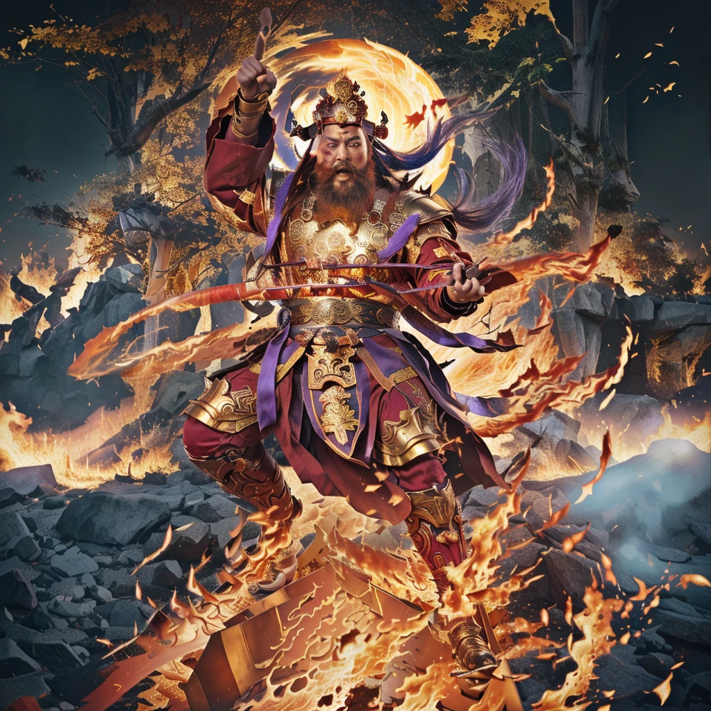 a fierce warrior, holding a golden bamboo sword, fire, asura from chinese myth, maroon beard and hair, purple deity ribbon, standing on huge golden iron wheel, 3 eyes, ancient chinese armour, taoist priest, taoist master, small crown, pointing middle finger up, open mouth,  realistic fire