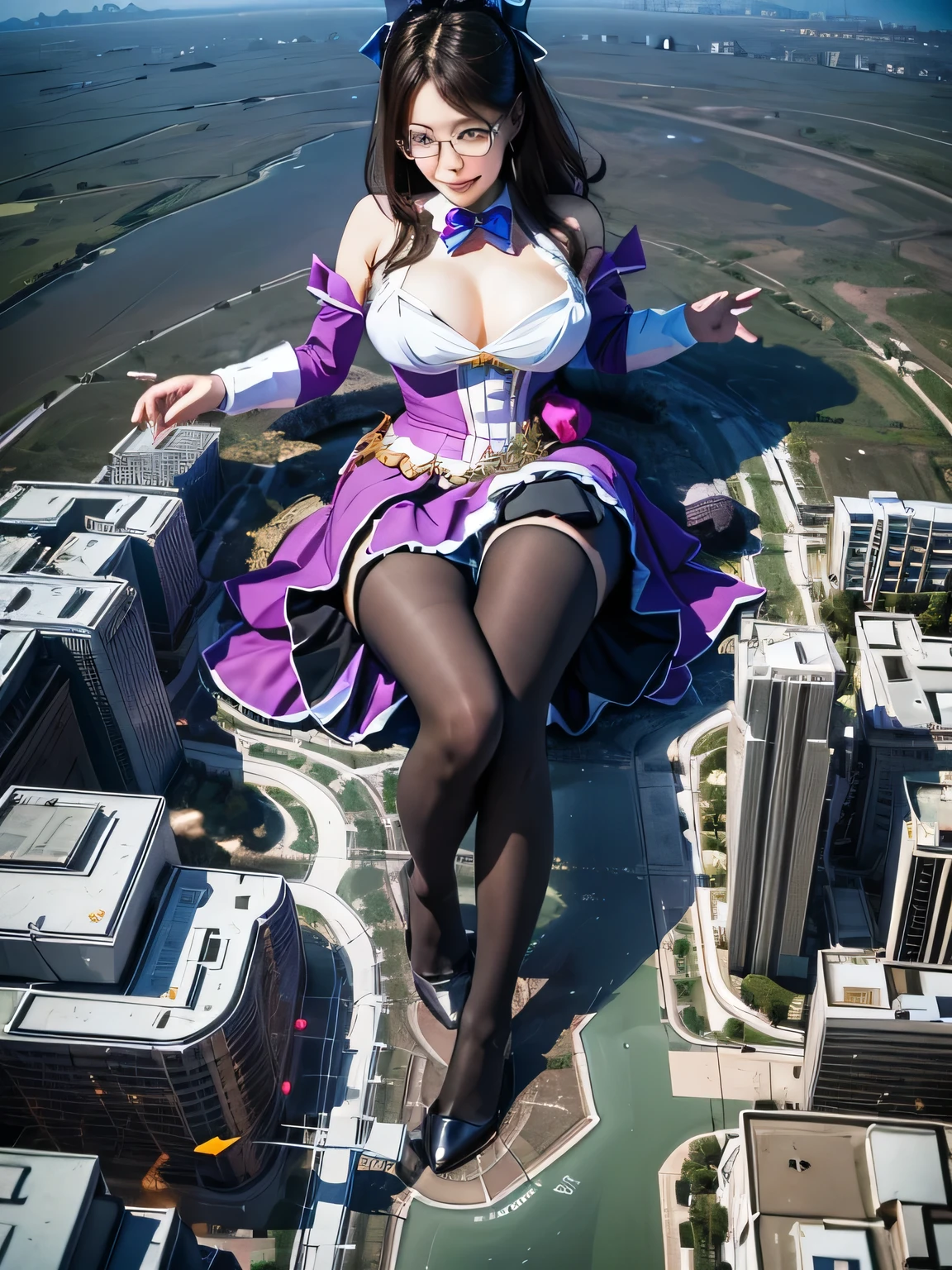 multiple girls, giantess art, highly detailed giantess shots, giantess, most detailed, perfect face, Two legs, Five fingers, A beautiful girl who is bigger than a skyscraper, Wearing rimless glasses, smile, huge breasts, blue base magical girl dress, bow, magical girl, holding a magical wand, black pantyhose, blue stiletto heels, thunderbolt from a magical wand, Destroying cities, Under heavy attack, A very small big city, Miniature metropolis, Full body description, GTS, giga giantess, stomping city, crash city, tiny city, micro city, pantyhose feet, High resolution, highest quality, masterpiece, 