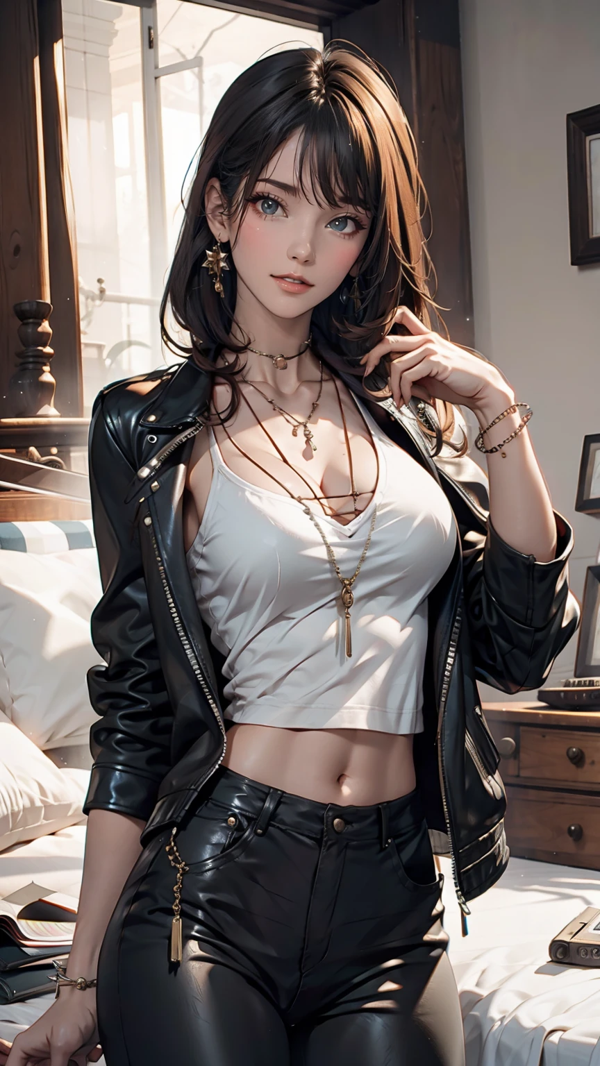 mouth, One girl, alone, In a messy room, guitar, 、Spiked Collar、24 year old Caucasian female、Sexy proportions、Punk rock fashion、Black Shirt、Leather jacket、Leather leggings、Flashy makeup、long hair、rosary necklace、rosary earrings、Put a spiked bracelet on your wrist