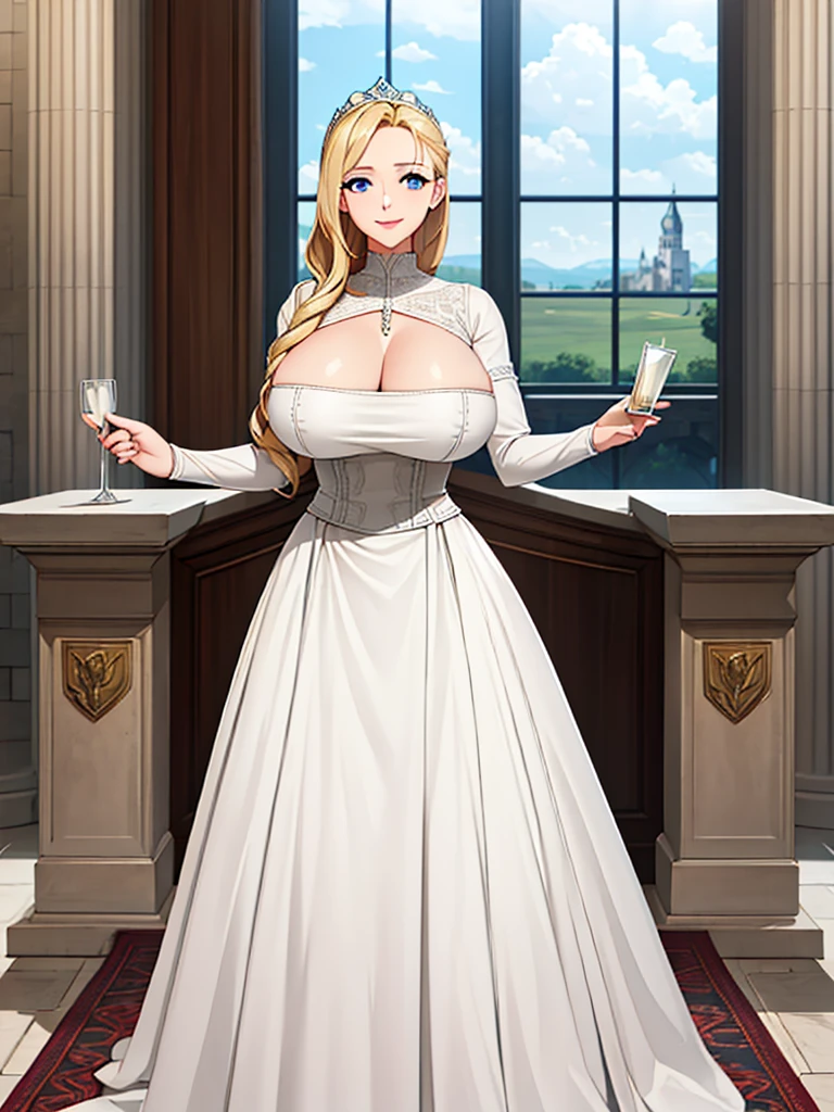 A woman wearing a white dress with silver details on the dress, blonde hair, blue eyes, in a tower of a sophisticated medieval castle, open tower overlooking a large open field and a sea in the distance, smiling, big breasts,, HDR , ultra resolution, very detailed, masterpiece, HD 8K, (solo, just one girl)
