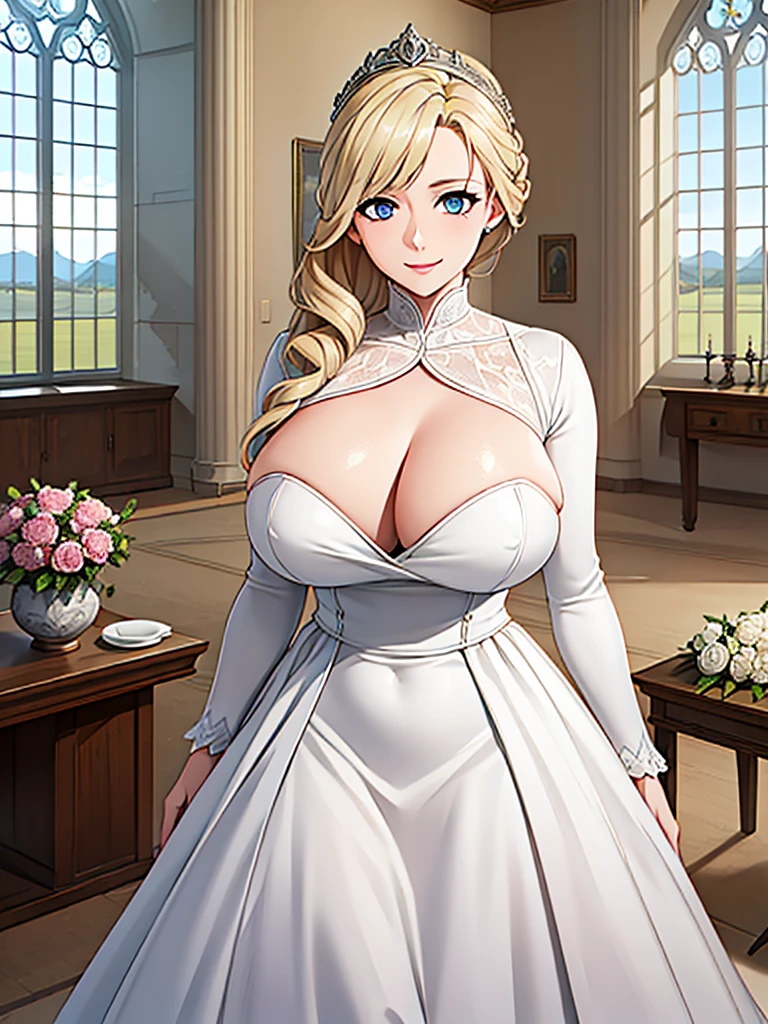 A woman wearing a white dress with silver details on the dress, blonde hair, blue eyes, in a tower of a sophisticated medieval castle, open tower overlooking a large open field and a sea in the distance, smiling, big breasts,, HDR , ultra resolution, very detailed, masterpiece, HD 8K, (solo, just one girl)
