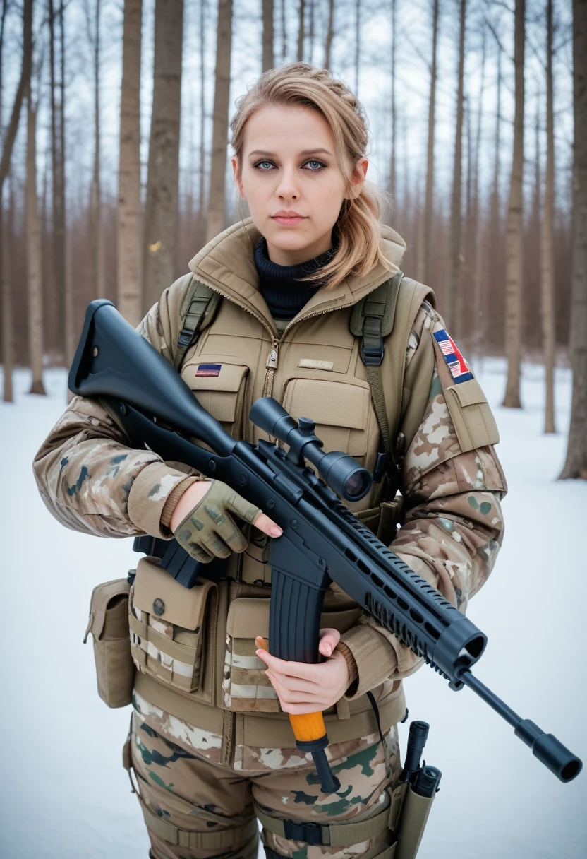 score_9, score_8_up, score_7_up, score_6_up, Sniper wolf from metal gear solid. Tundra. Fully clothed in winter camo holding rifle.  (sniper riffle), scope, Cinematic. 4k. Masterpiece, photo realistic, perfect. beautiful eyes