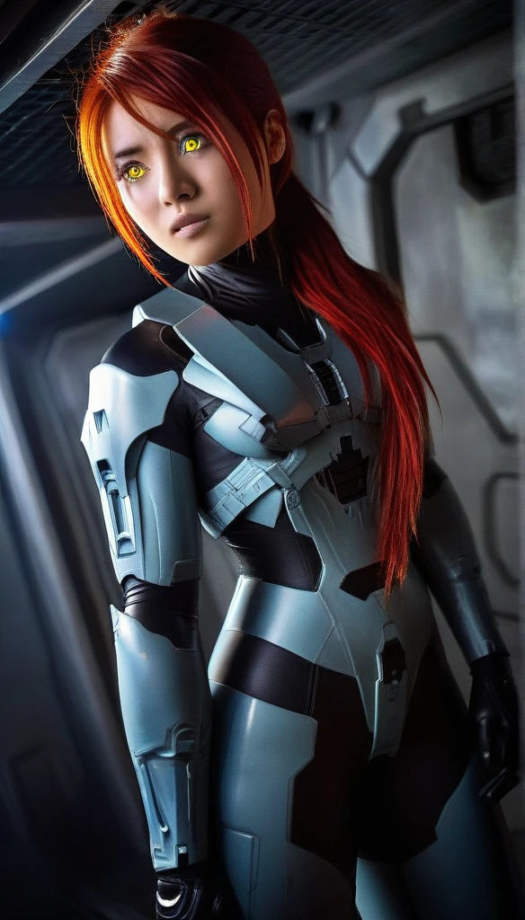 1 Girl、((glowing eyes, red eyes)), Medium Bust、solo、red Hair、Braid、Mobile Race Suit、Shoulder Armor、ceiling、Wide Shot、Looking Ahead、zipup suit 、Closed Mouth、Highest quality、medium quality、22 years old、Mobile Trace System、cockpit、Asian、CyborgCosplay
