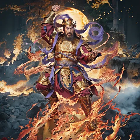 a fierce warrior, holding a golden bamboo sword, fire, asura from chinese myth, maroon beard and hair, purple deity ribbon, stan...