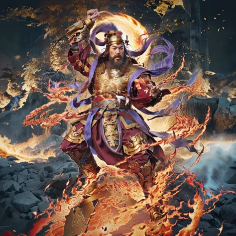 a fierce warrior, holding a golden bamboo sword, fire, asura from chinese myth, maroon beard and hair, purple deity ribbon, stan...