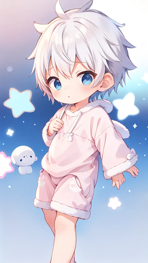 Cute little boy with white hair and blue eyes he is wearing a cute animal pajama and a white sock and is holding a plush The bac...