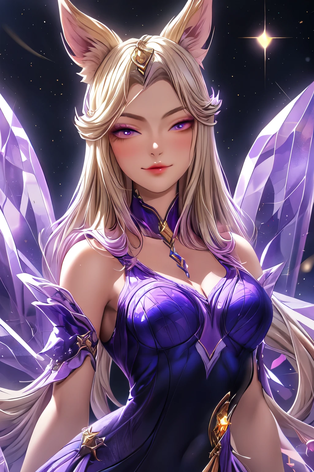 ((best quality)), ((masterpiece)), (detailed), detailed eyes, detailed hands, head to toe full-length body image, female humanoid kitsune, wearing a short kimono, crystal crown on top of her head, light purple hair, light purple fox ears, 2 purple crystal fox tails, 1 crystal eight-pointed star shape on forehead, delicate and beautiful detailing, beautiful face, well-proportioned detailed purple eyes, round detailed purple eyes and makeup, beautiful detailed and clear purple eyes, volume smooth and sharp, long flat bangs, fictional art, best photos, best quality, very beautiful and meticulous eight-pointed crystal star on forehead, delicate, mouth closed smile, not fully smiling, with a starry background