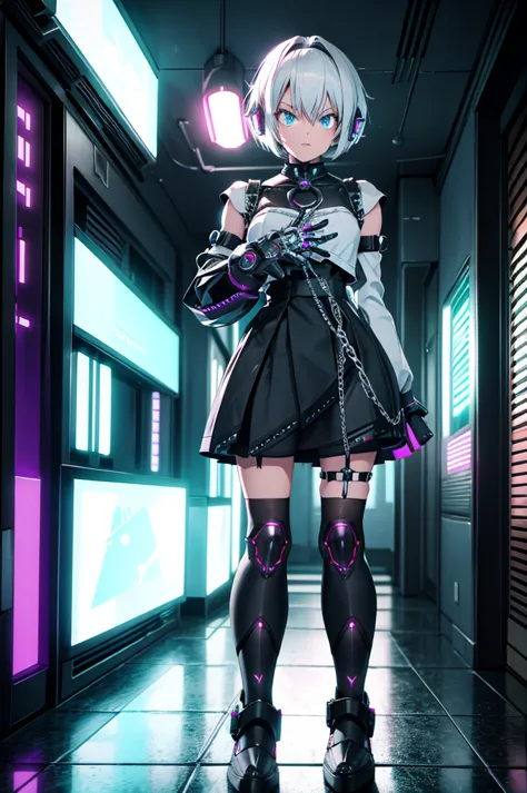 android girl,white hair,short and messy hair, purple neon eyes, holding a chain whip,chains on the hands,chains action, chains a...