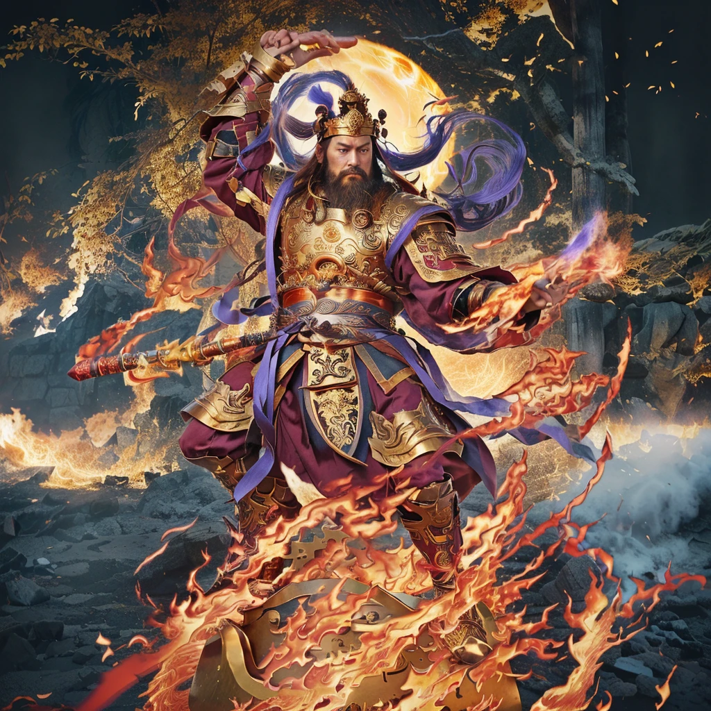 a fierce warrior, holding a golden bamboo sword, fire, asura from chinese myth, maroon beard and hair, purple deity ribbon, standing on huge golden iron wheel, 3 eyes, ancient chinese armour, taoist priest, taoist master, small crown,   realistic fire