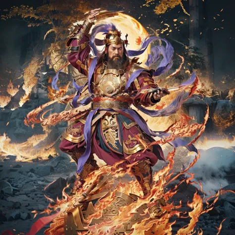 a fierce warrior, holding a golden bamboo sword, fire, asura from chinese myth, maroon beard and hair, purple deity ribbon, stan...