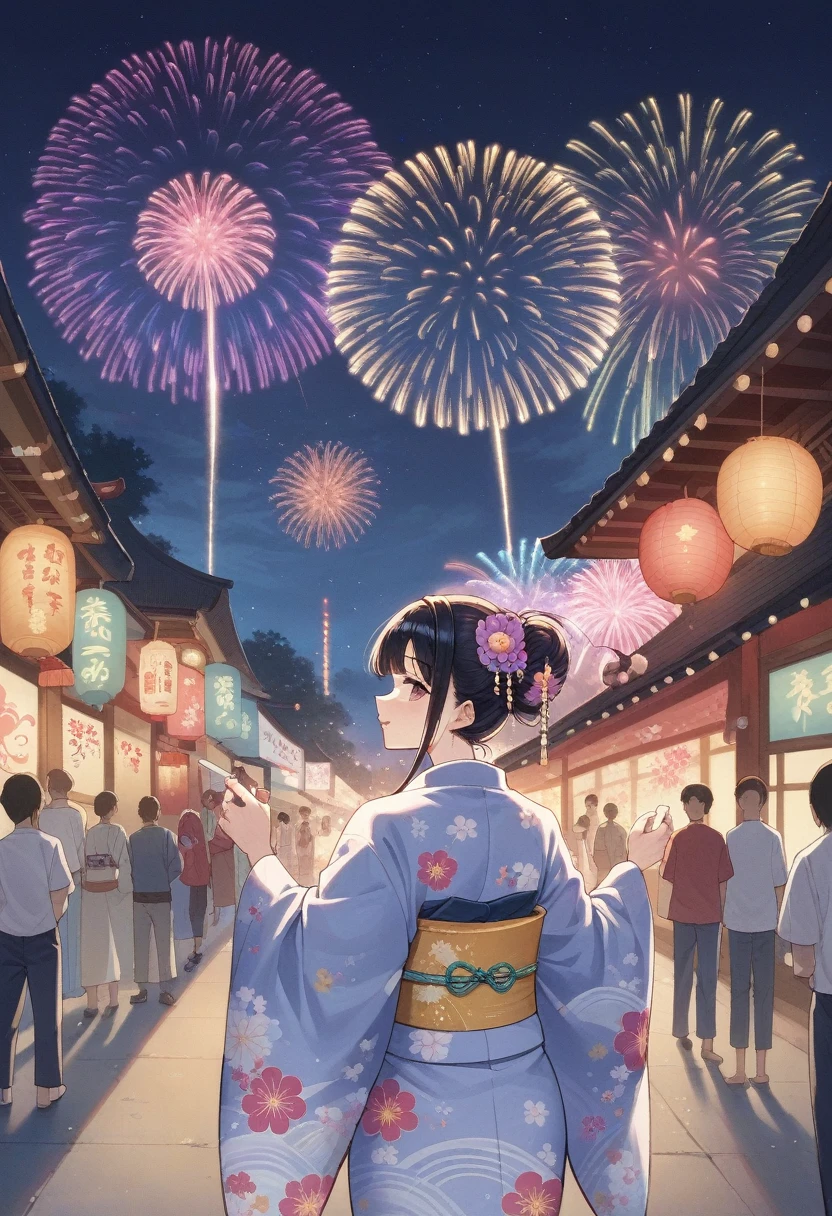 anime girl in kimono outfit with fireworks in background, summer festival night, inspired by Matsuno Chikanobu, in a kimono, [ fireworks in the sky ]!!, japanese animation style, fireworks in the background, wearing a colorful yukata, inspired by Hanabusa Itchō, japanese cartoon style, inspired by Josetsu