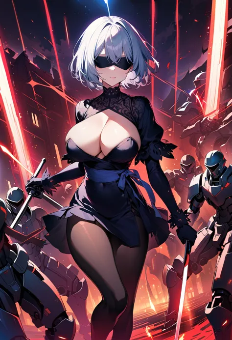 2B Nier Automata,masterpiece, 最high quality, High resolution,  Black torn clothes 、Black Pantyhose、Dark church at night、sexy、Wea...