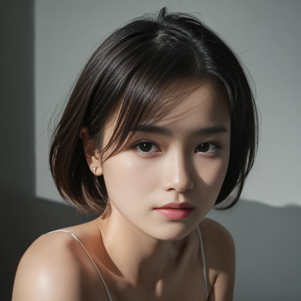 Best quality, masterpiece, ultra high res, (photorealistic:1.5), raw photo, 1girl, offshoulder, in the dark, deep shadow, low key, cold light, sexy look, short hair, front teeth, troubled face,